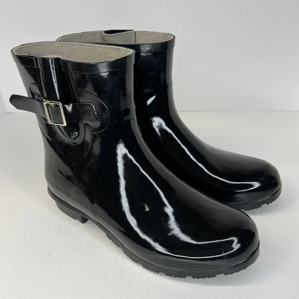 Nomad Dew Waterproof Rain Boots Womens Size 8 Silver Buckle Shiny Solid Black
